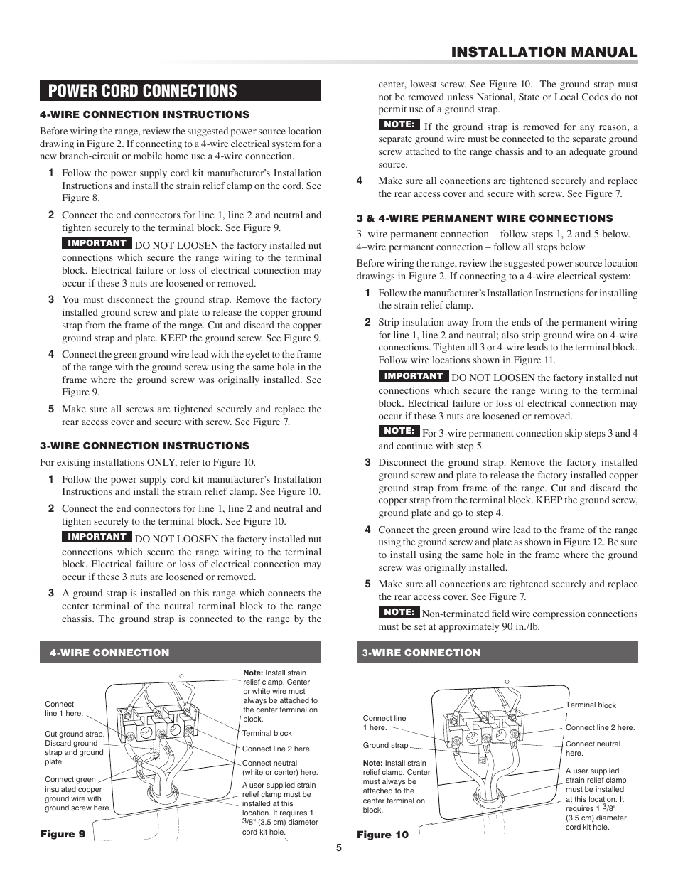 Power cord connections, Installation manual | Sharp Insight Electric Rang User Manual | Page 5 / 8