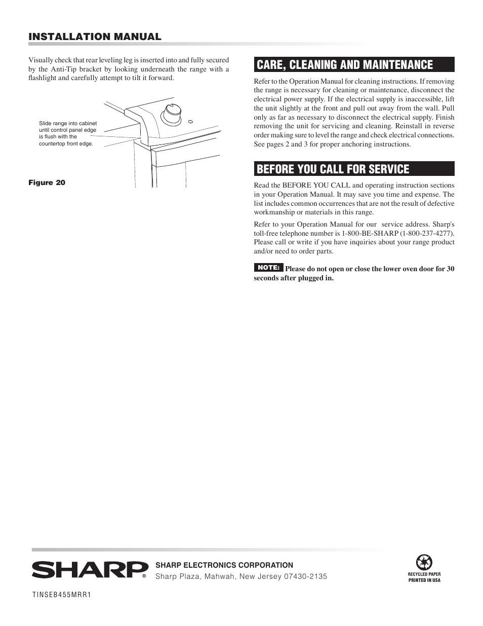 Care, cleaning and maintenance, Before you call for service, Installation manual | Sharp Insight Electric Rang User Manual | Page 8 / 8