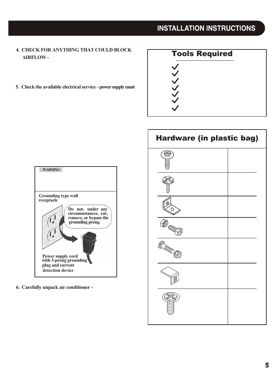 Tools required hardware (in plastic bag) | Sharp AF-S155NX User Manual | Page 5 / 20