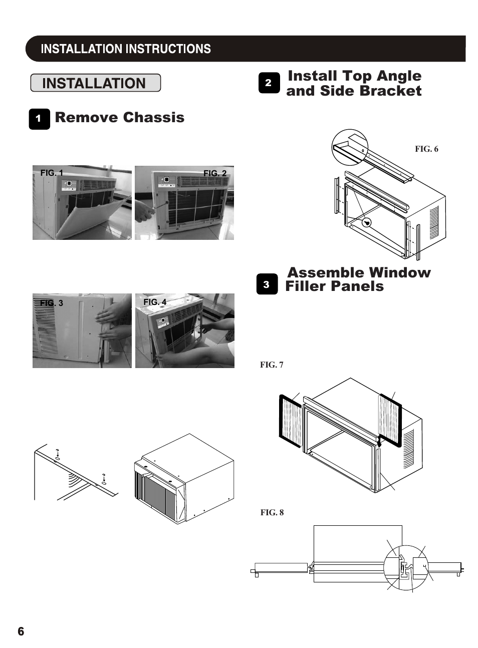 Remove chassis, Install top angle and side bracket, Assemble window filler panels | Sharp AF-S155NX User Manual | Page 6 / 20