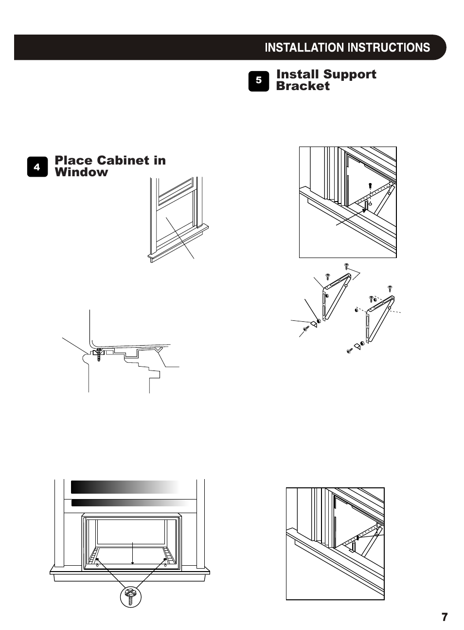 Install support, Bracket, Place cabinet in | Window | Sharp AF-S155NX User Manual | Page 7 / 20