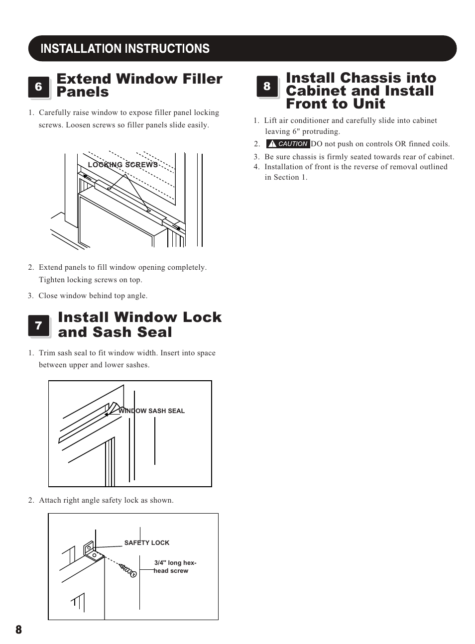 Extend window filler panels, Install window lock and sash seal | Sharp AF-S155NX User Manual | Page 8 / 20