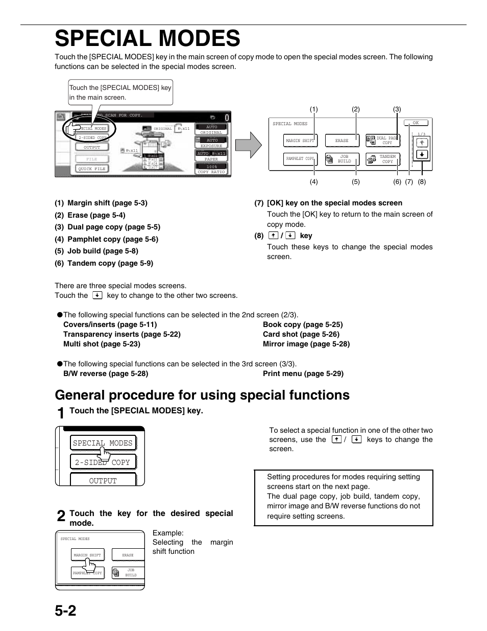 Special modes, General procedure for using special functions, Special modes 2-sided copy output | Touch the [special modes] key, Touch the key for the desired special mode | Sharp AR-M355N User Manual | Page 101 / 380