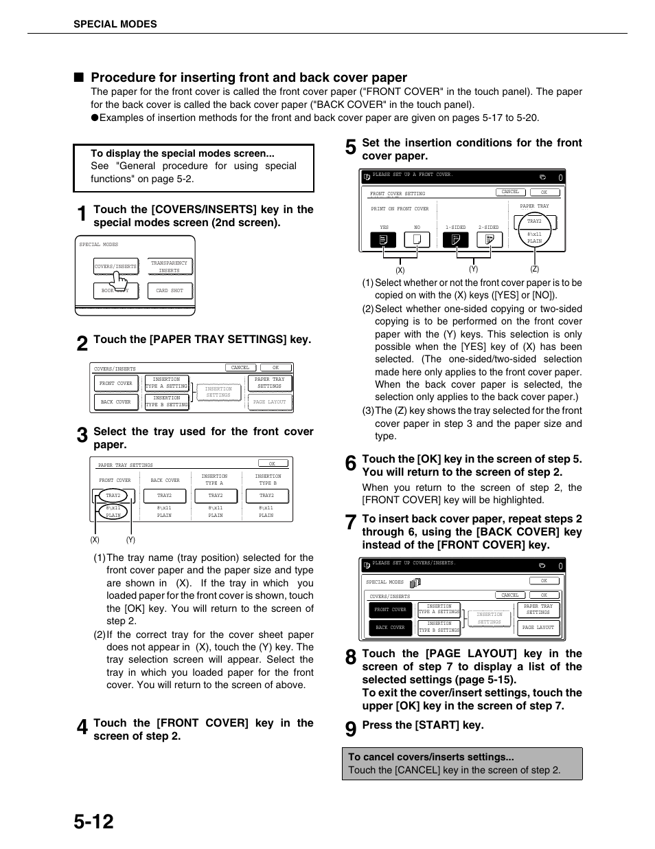 Procedure for inserting front and back cover paper, Touch the [paper tray settings] key, Select the tray used for the front cover paper | Press the [start] key, Special modes | Sharp AR-M355N User Manual | Page 111 / 380