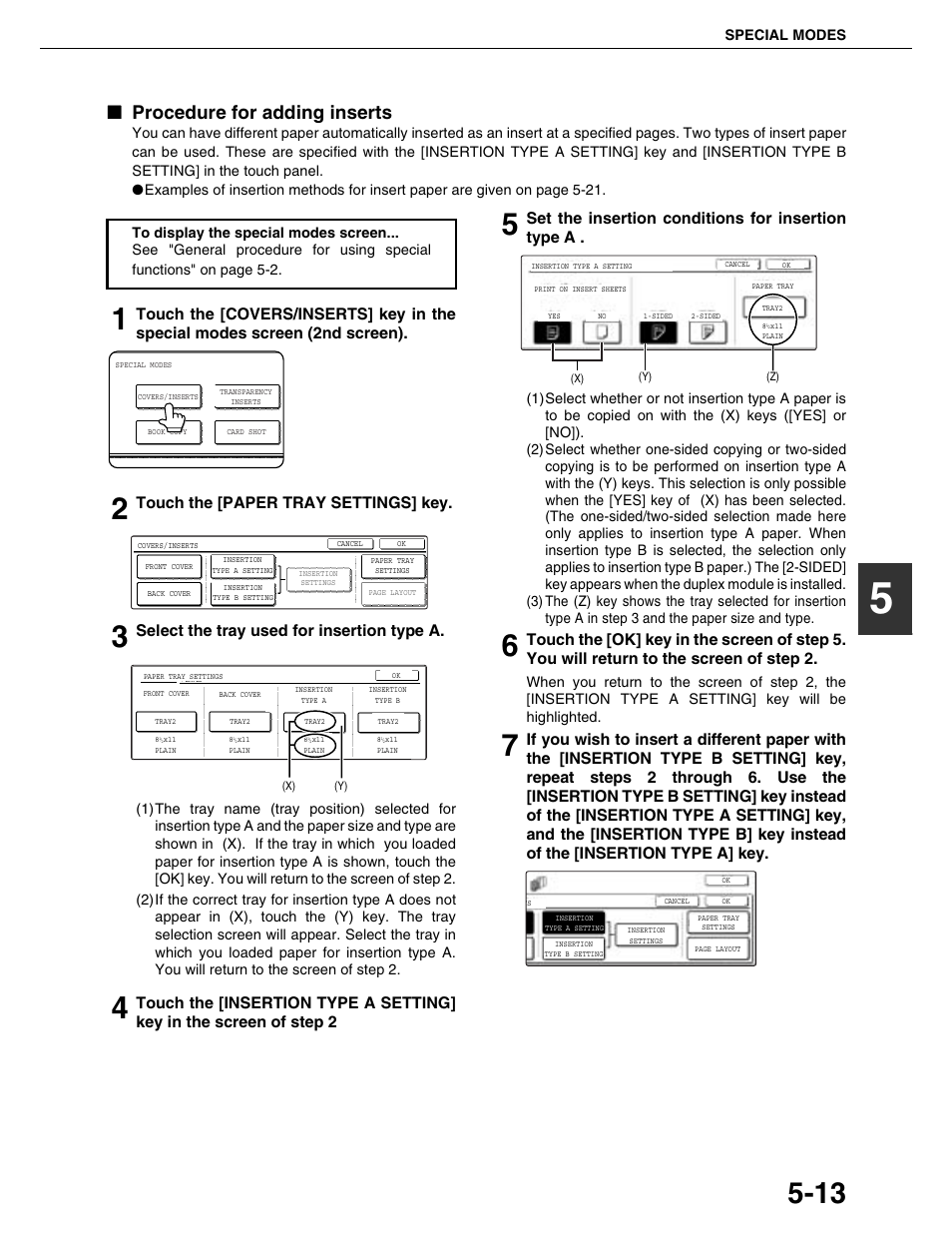 Procedure for adding inserts, Touch the [paper tray settings] key, Select the tray used for insertion type a | Set the insertion conditions for insertion type a, Special modes | Sharp AR-M355N User Manual | Page 112 / 380