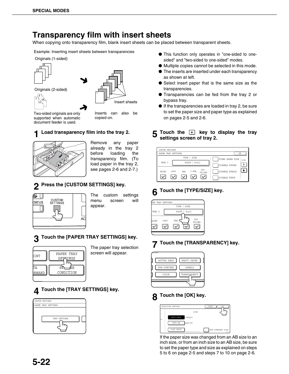 Transparency film with insert sheets, Load transparency film into the tray 2, Press the [custom settings] key | Touch the [paper tray settings] key, Touch the [tray settings] key, Touch the [type/size] key, Touch the [transparency] key, Touch the [ok] key | Sharp AR-M355N User Manual | Page 121 / 380