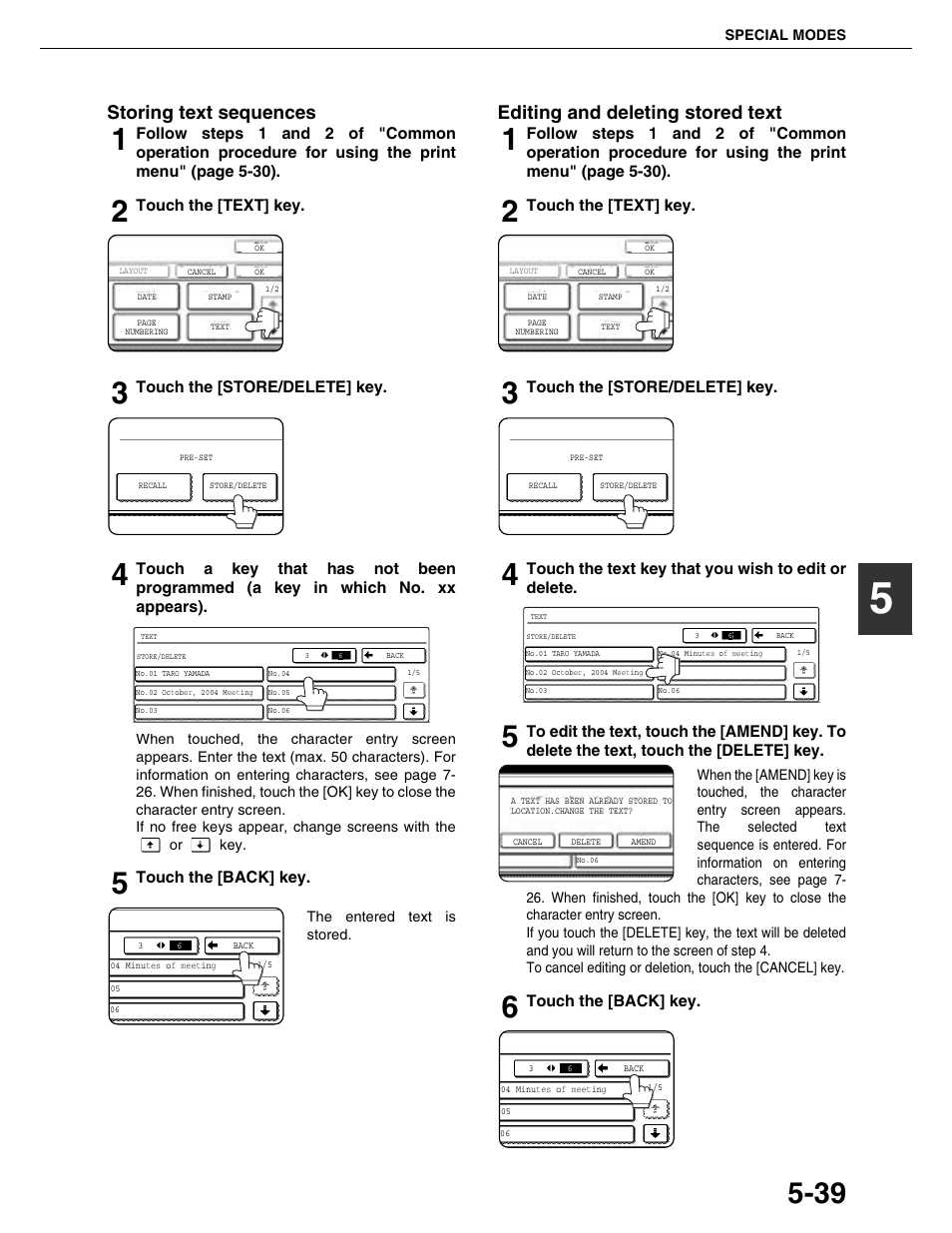 Storing text sequences, Editing and deleting stored text | Sharp AR-M355N User Manual | Page 138 / 380