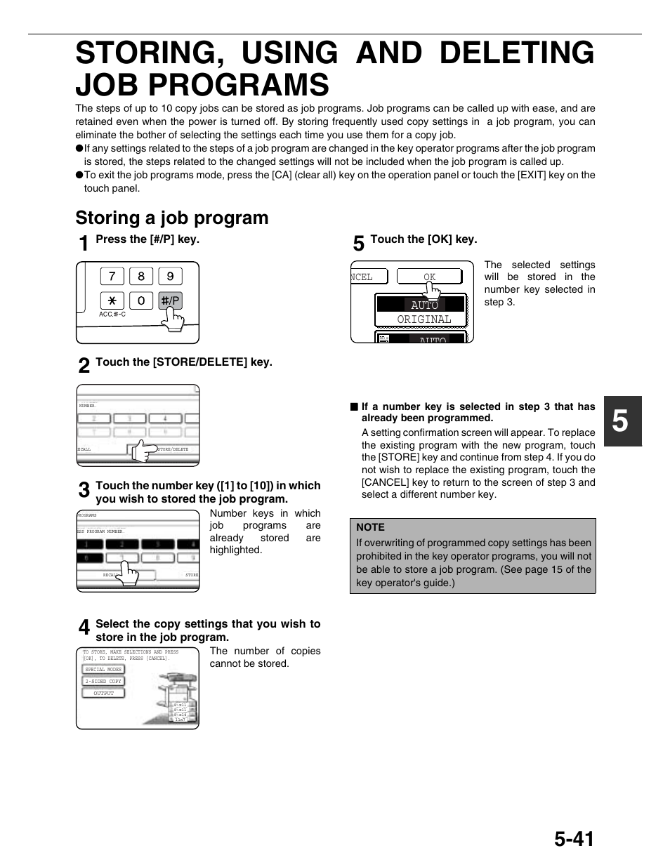 5storing, using and deleting job programs, Storing a job program, Auto | Auto original | Sharp AR-M355N User Manual | Page 140 / 380