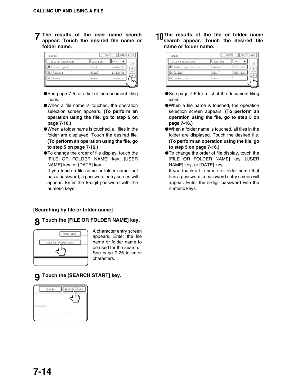 Searching by file or folder name, Touch the [file or folder name] key, Touch the [search start] key | Sharp AR-M355N User Manual | Page 160 / 380