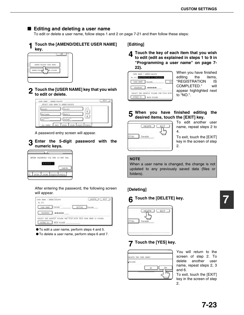 Editing and deleting a user name, Touch the [amend/delete user name] key, Enter the 5-digit password with the numeric keys | Editing, Deleting, Touch the [delete] key, Touch the [yes] key | Sharp AR-M355N User Manual | Page 169 / 380
