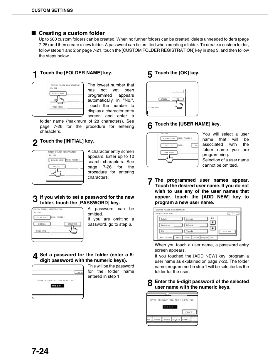 Creating a custom folder, Touch the [folder name] key, Touch the [initial] key | Touch the [ok] key, Touch the [user name] key | Sharp AR-M355N User Manual | Page 170 / 380