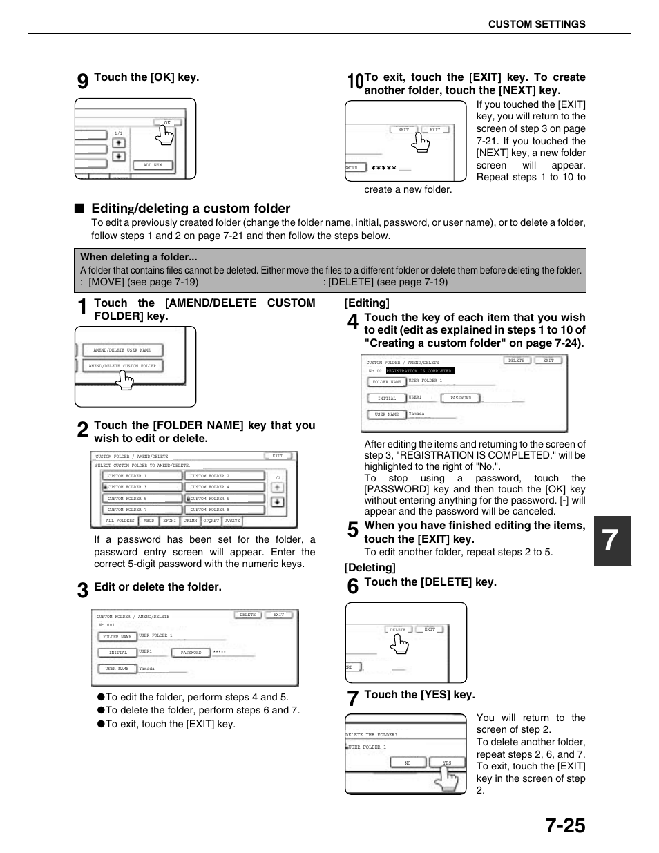 Editing/deleting a custom folder, Touch the [ok] key, Touch the [amend/delete custom folder] key | Edit or delete the folder, Editing, Deleting, Touch the [delete] key, Touch the [yes] key | Sharp AR-M355N User Manual | Page 171 / 380