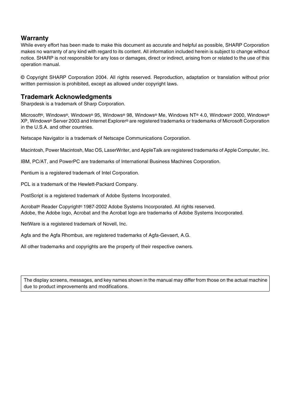 Warranty, Trademark acknowledgments | Sharp AR-M355N User Manual | Page 186 / 380