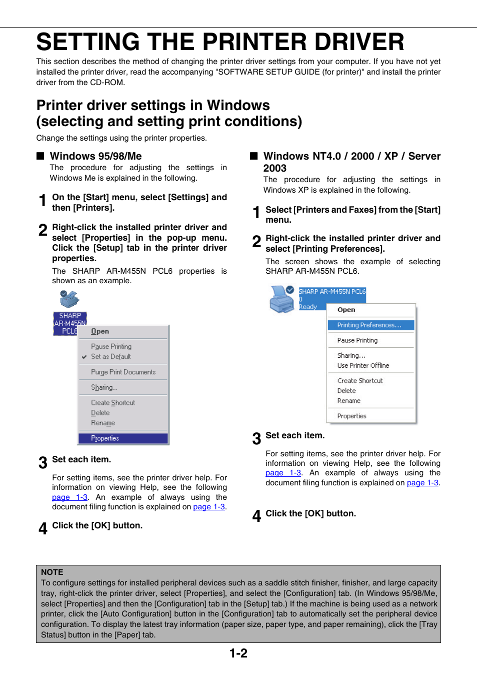 Setting the printer driver, Windows 95/98/me, Windows nt4.0 / 2000 / xp / server 2003 | Setting the printer driver -2 | Sharp AR-M355N User Manual | Page 189 / 380