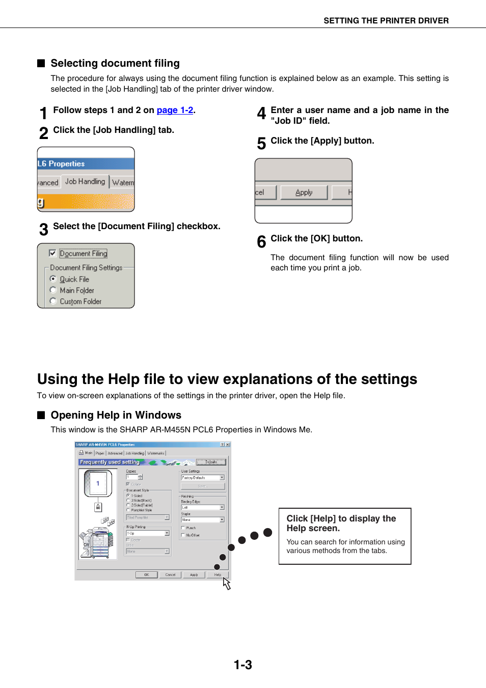 Selecting document filing, Opening help in windows | Sharp AR-M355N User Manual | Page 190 / 380