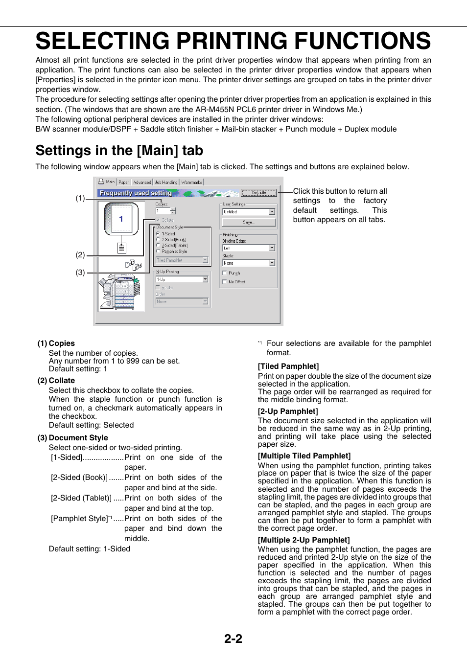 Selecting printing functions, Settings in the [main] tab, Selecting printing functions -2 | Settings in the [main] tab -2 | Sharp AR-M355N User Manual | Page 196 / 380