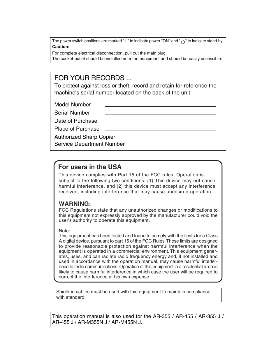 For your records, For users in the usa | Sharp AR-M355N User Manual | Page 2 / 380