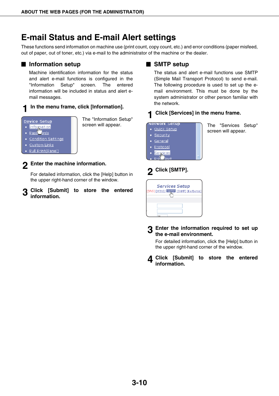 E-mail status and e-mail alert settings, Information setup, Smtp setup | E-mail status and e-mail alert settings -10 | Sharp AR-M355N User Manual | Page 219 / 380