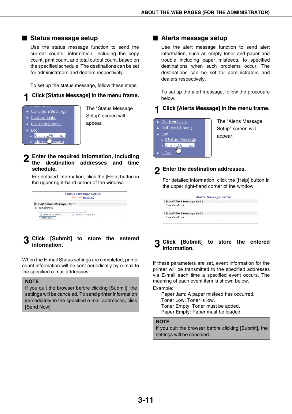 Status message setup, Alerts message setup | Sharp AR-M355N User Manual | Page 220 / 380