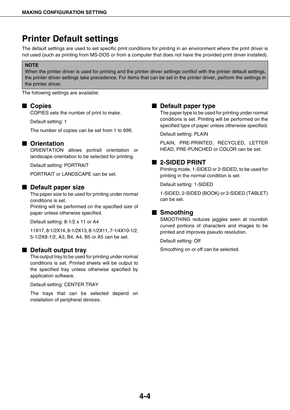 Printer default settings, Copies, Orientation | Default paper size, Default output tray, Default paper type, Sided print, Smoothing, Printer default settings -4 | Sharp AR-M355N User Manual | Page 224 / 380