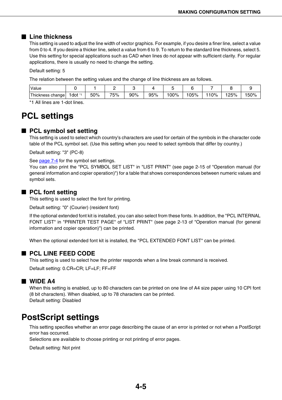 Line thickness, Pcl settings, Pcl symbol set setting | Pcl font setting, Pcl line feed code, Wide a4, Postscript settings, Pcl settings -5, Postscript settings -5 | Sharp AR-M355N User Manual | Page 225 / 380