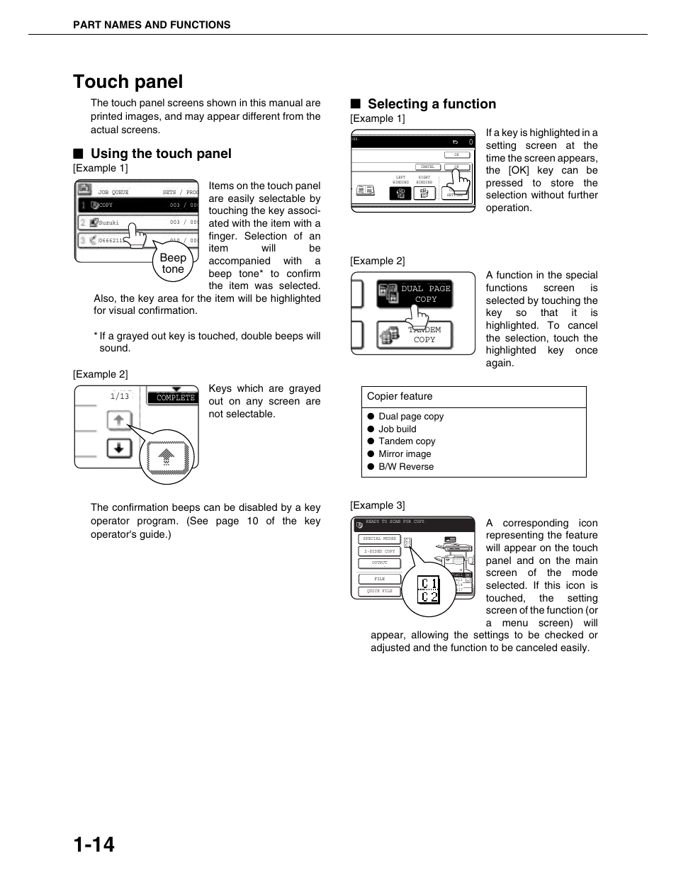 Touch panel, Using the touch panel, Selecting a function | Beep tone | Sharp AR-M355N User Manual | Page 23 / 380