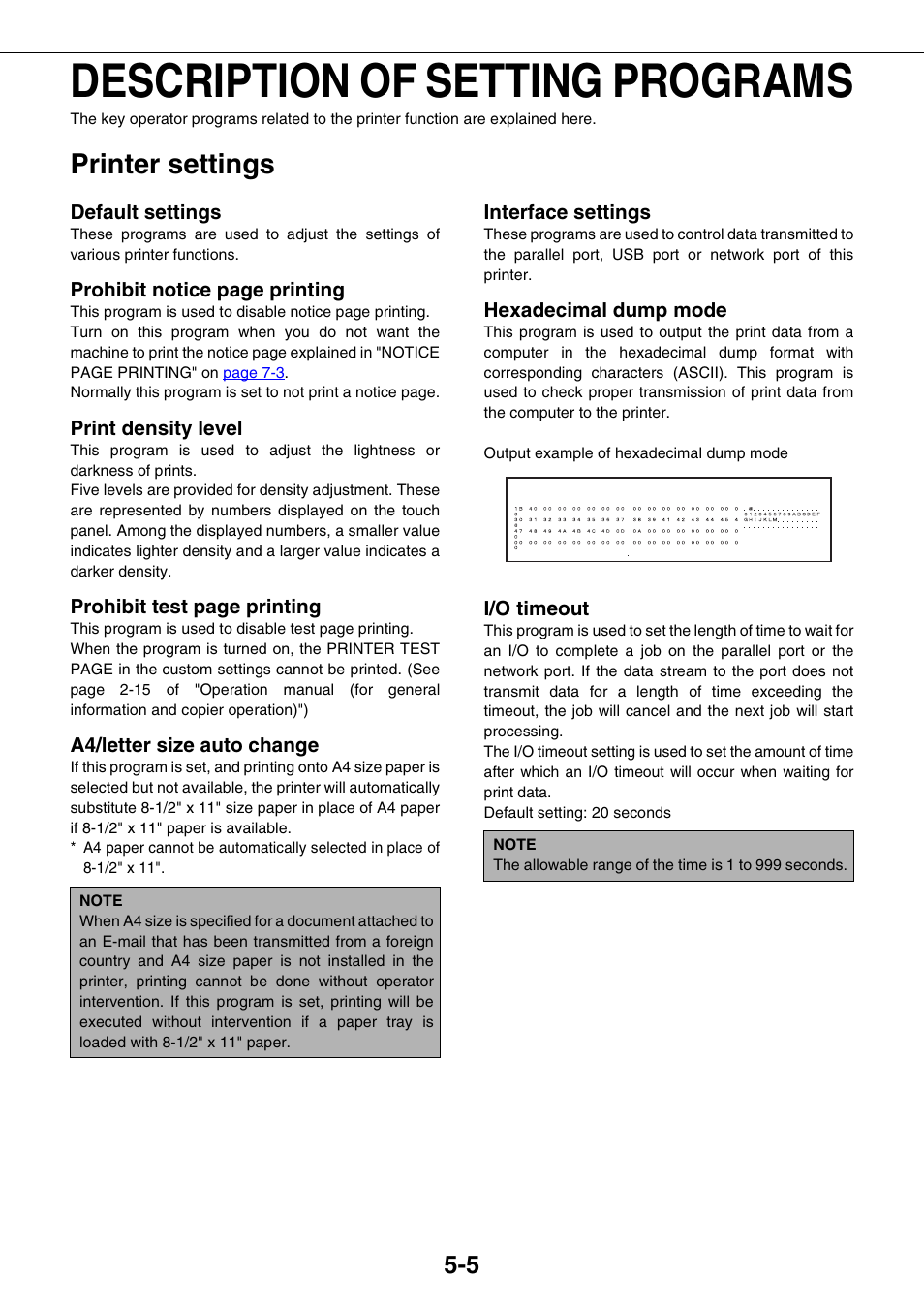 Description of setting programs, Printer settings, Default settings | Print density level, A4/letter size auto change, Interface settings, Hexadecimal dump mode, I/o timeout, Description of setting programs -5, Printer settings -5 | Sharp AR-M355N User Manual | Page 230 / 380