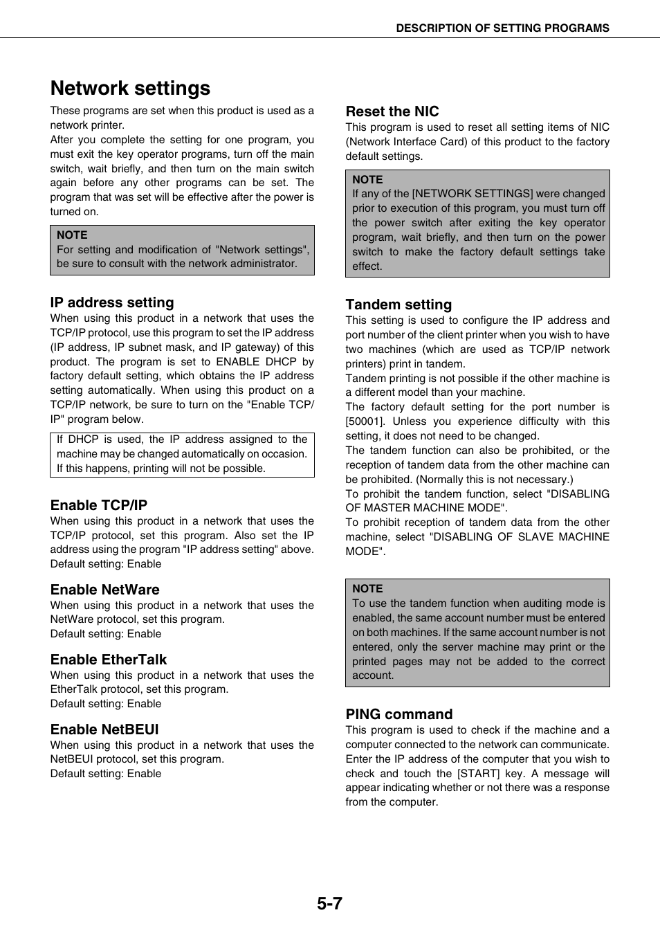 Network settings, Ip address setting, Enable tcp/ip | Enable netware, Enable ethertalk, Enable netbeui, Reset the nic, Tandem setting, Ping command, Network settings -7 | Sharp AR-M355N User Manual | Page 232 / 380