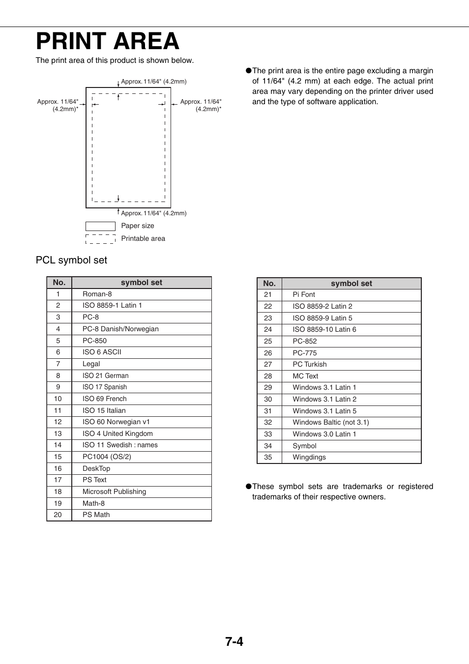 Print area, Pcl symbol set | Sharp AR-M355N User Manual | Page 240 / 380