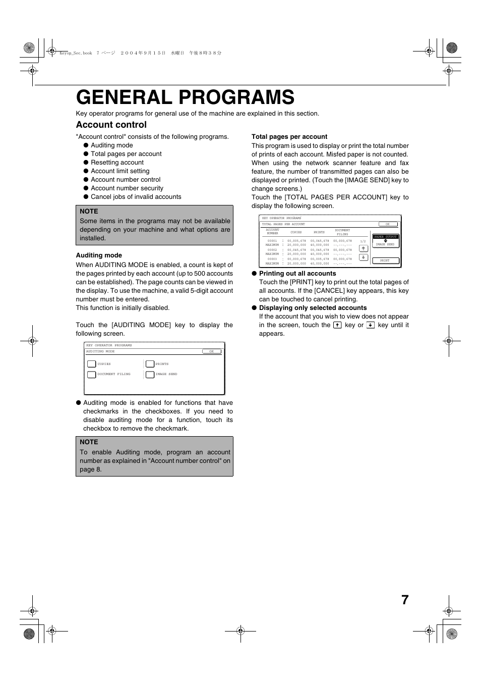 General programs, Account control, Auditing mode | Sharp AR-M355N User Manual | Page 247 / 380