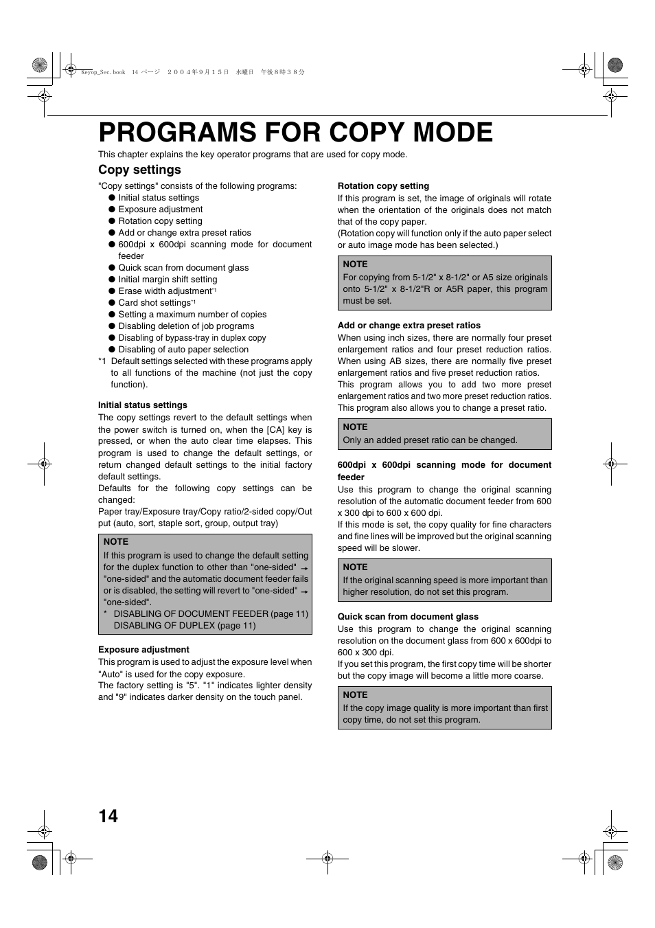 Programs for copy mode, Copy settings, Initial status settings | Exposure adjustment, Rotation copy setting, Add or change extra preset ratios, 600dpi x 600dpi scanning mode for document feeder, Quick scan from document glass | Sharp AR-M355N User Manual | Page 254 / 380