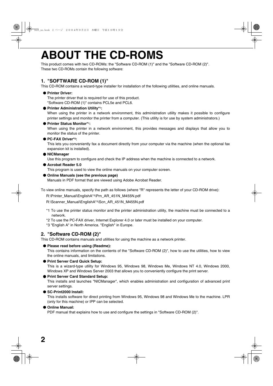 About the cd-roms, "software cd-rom (1), "software cd-rom (2) | Sharp AR-M355N User Manual | Page 261 / 380