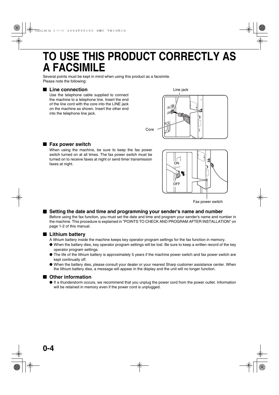 To use this product correctly as a facsimile, Line connection, Fax power switch | Lithium battery, Other information | Sharp AR-M355N User Manual | Page 283 / 380