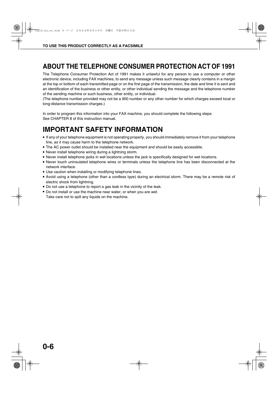 Important safety information, About the telephone consumer, Protection act of 1991 | Sharp AR-M355N User Manual | Page 285 / 380