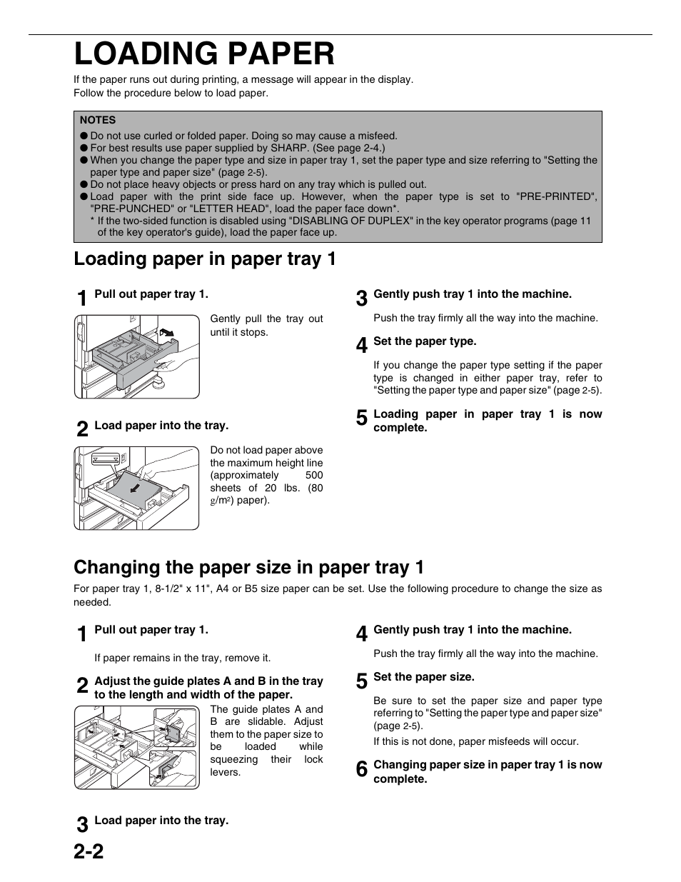 Loading paper, Loading paper in paper tray 1, Changing the paper size in paper tray 1 | Sharp AR-M355N User Manual | Page 29 / 380