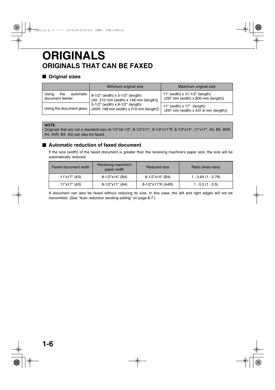 Originals, Originals that can be faxed, Original sizes | Automatic reduction of faxed document | Sharp AR-M355N User Manual | Page 293 / 380