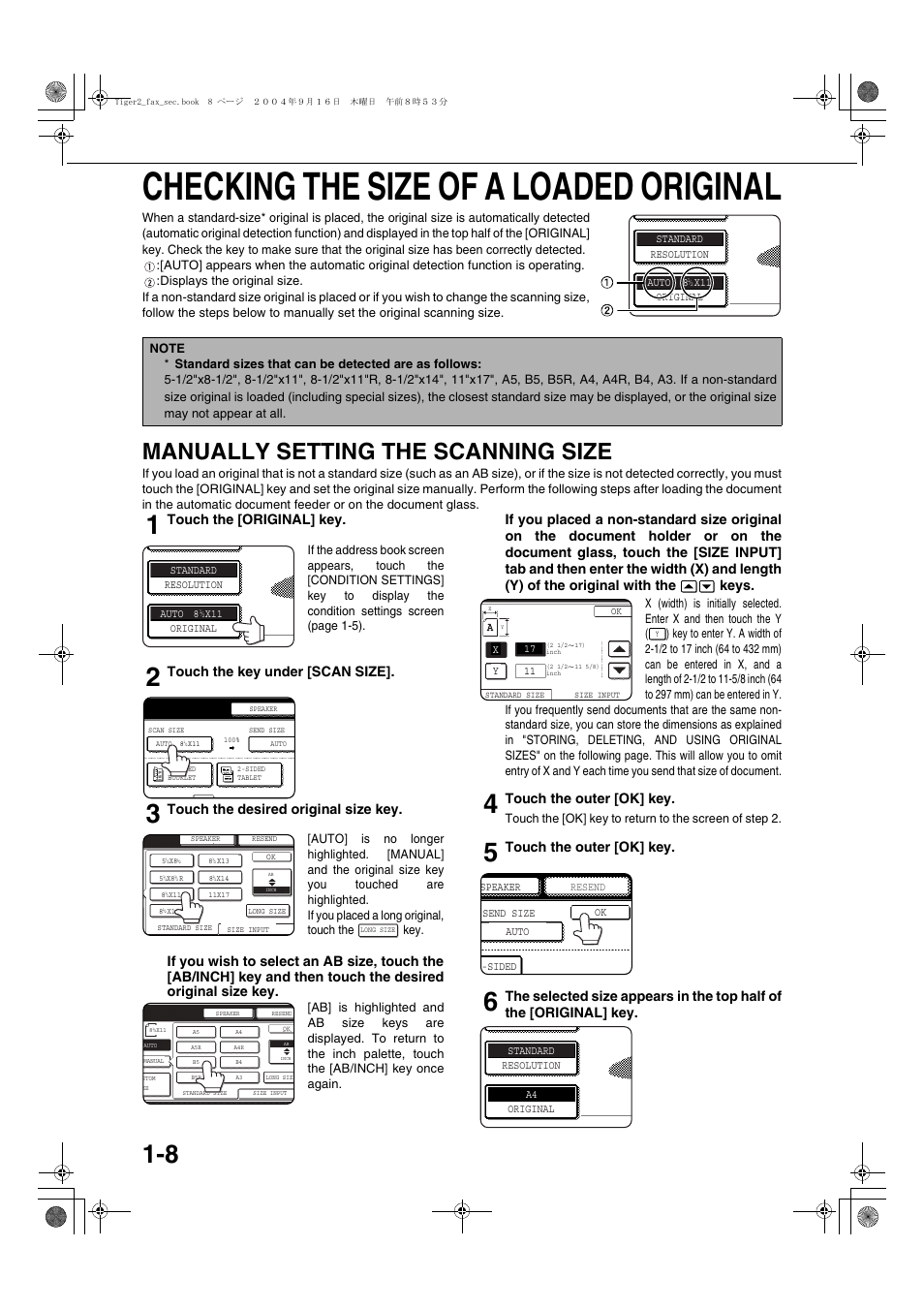 Checking the size of a loaded original, Manually setting the scanning size, Touch the [original] key | Touch the key under [scan size, Touch the desired original size key, Touch the outer [ok] key | Sharp AR-M355N User Manual | Page 295 / 380