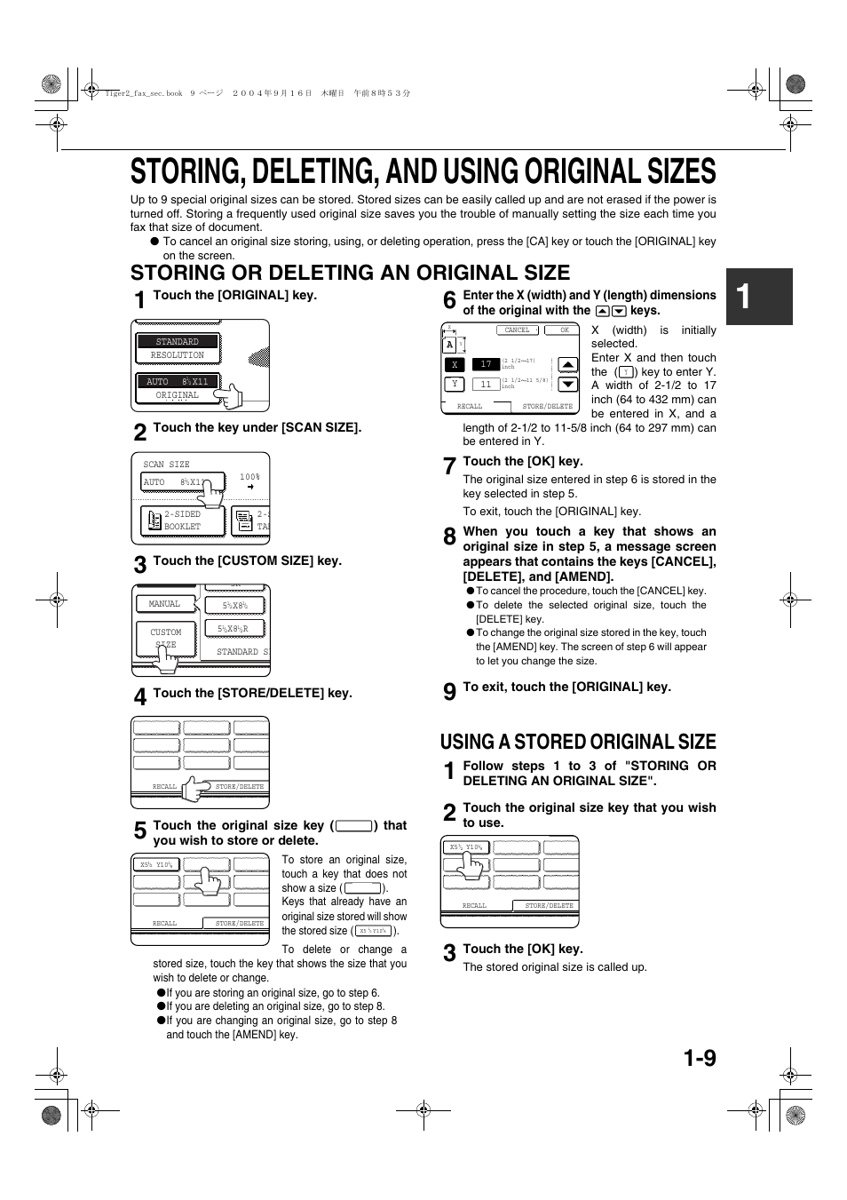 Storing, deleting, and using original sizes, Storing or deleting an original size, Using a stored original size | 1storing, deleting, and using original sizes | Sharp AR-M355N User Manual | Page 296 / 380