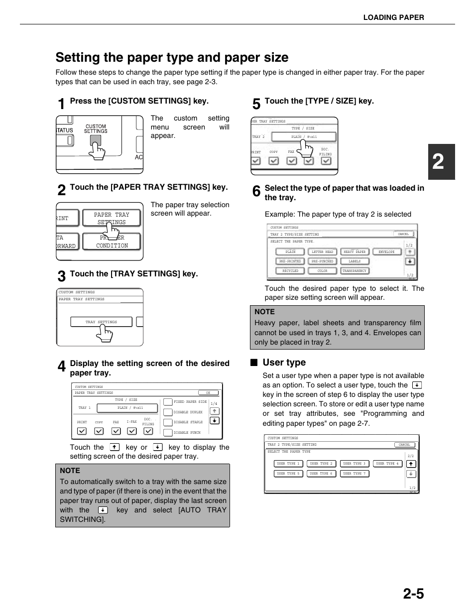 Setting the paper type and paper size, User type, Press the [custom settings] key | Touch the [paper tray settings] key, Touch the [tray settings] key, Touch the [type / size] key | Sharp AR-M355N User Manual | Page 32 / 380