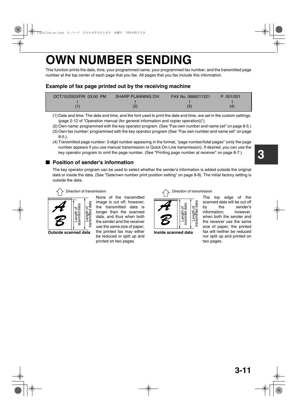 Own number sending, Position of sender's information, 3own number sending | Sharp AR-M355N User Manual | Page 320 / 380