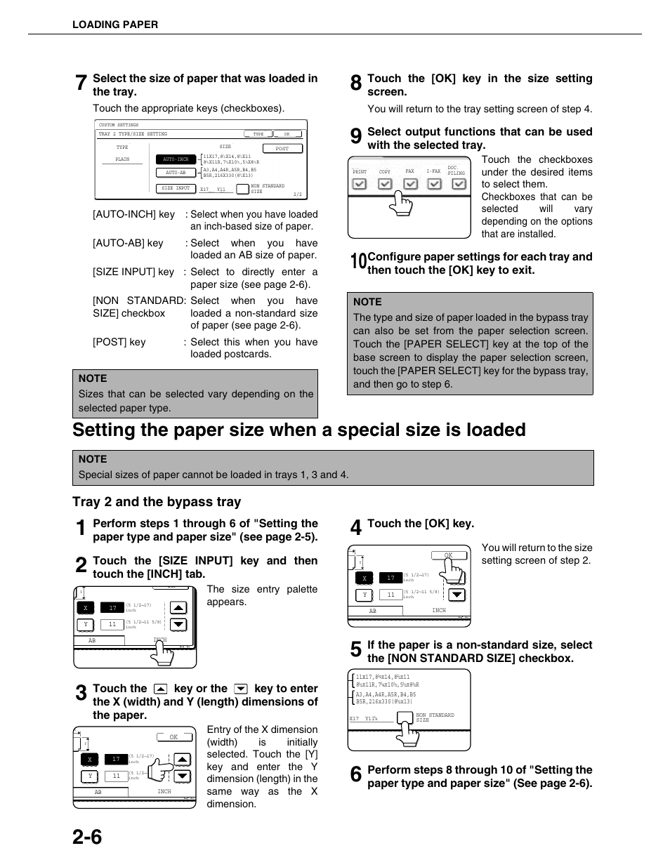 Tray 2 and the bypass tray, Touch the [ok] key in the size setting screen, Touch the [ok] key | Loading paper, Touch the appropriate keys (checkboxes), The size entry palette appears | Sharp AR-M355N User Manual | Page 33 / 380