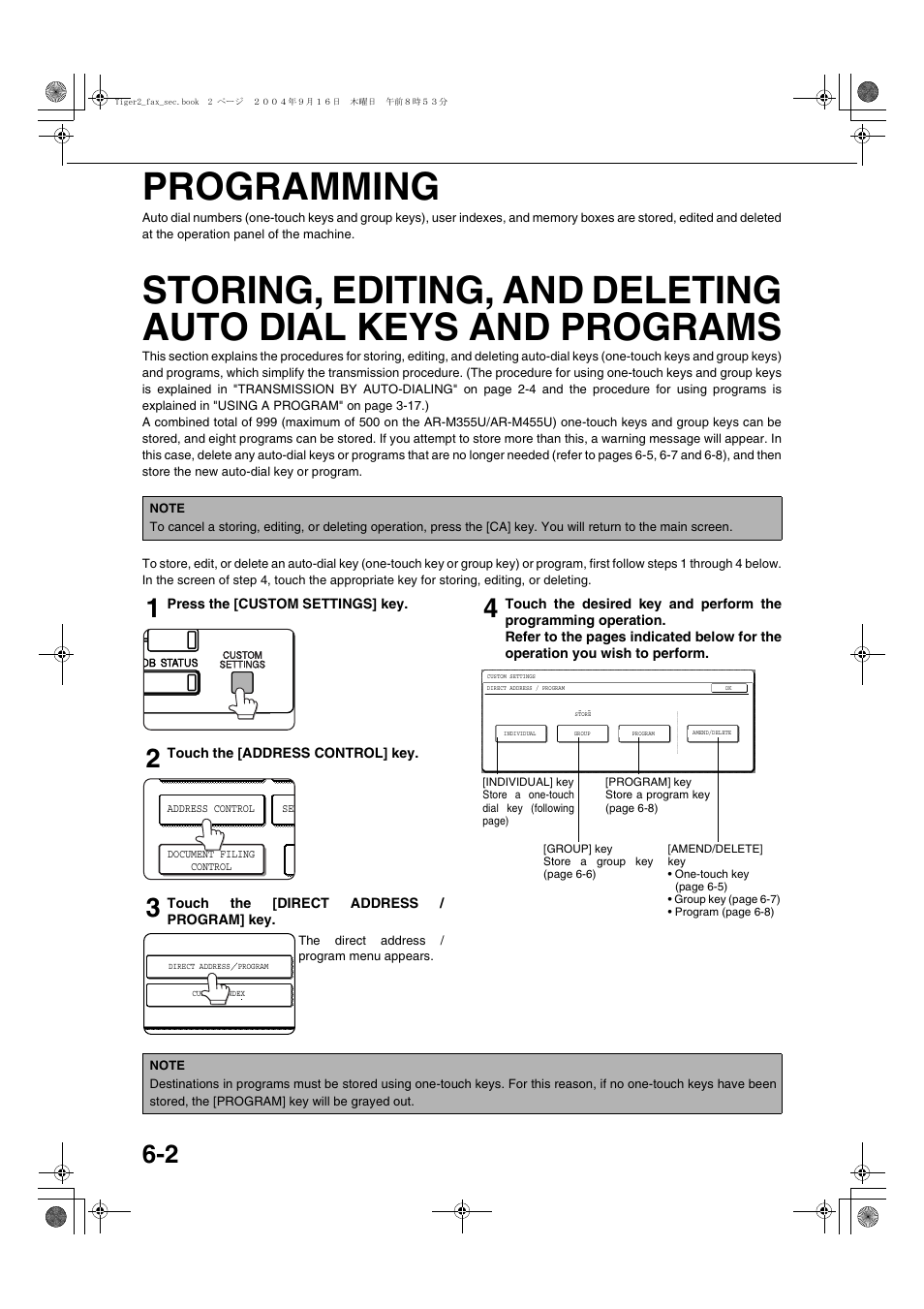 Programming, Storing, editing, and deleting auto dial keys and, Programs | Sharp AR-M355N User Manual | Page 345 / 380