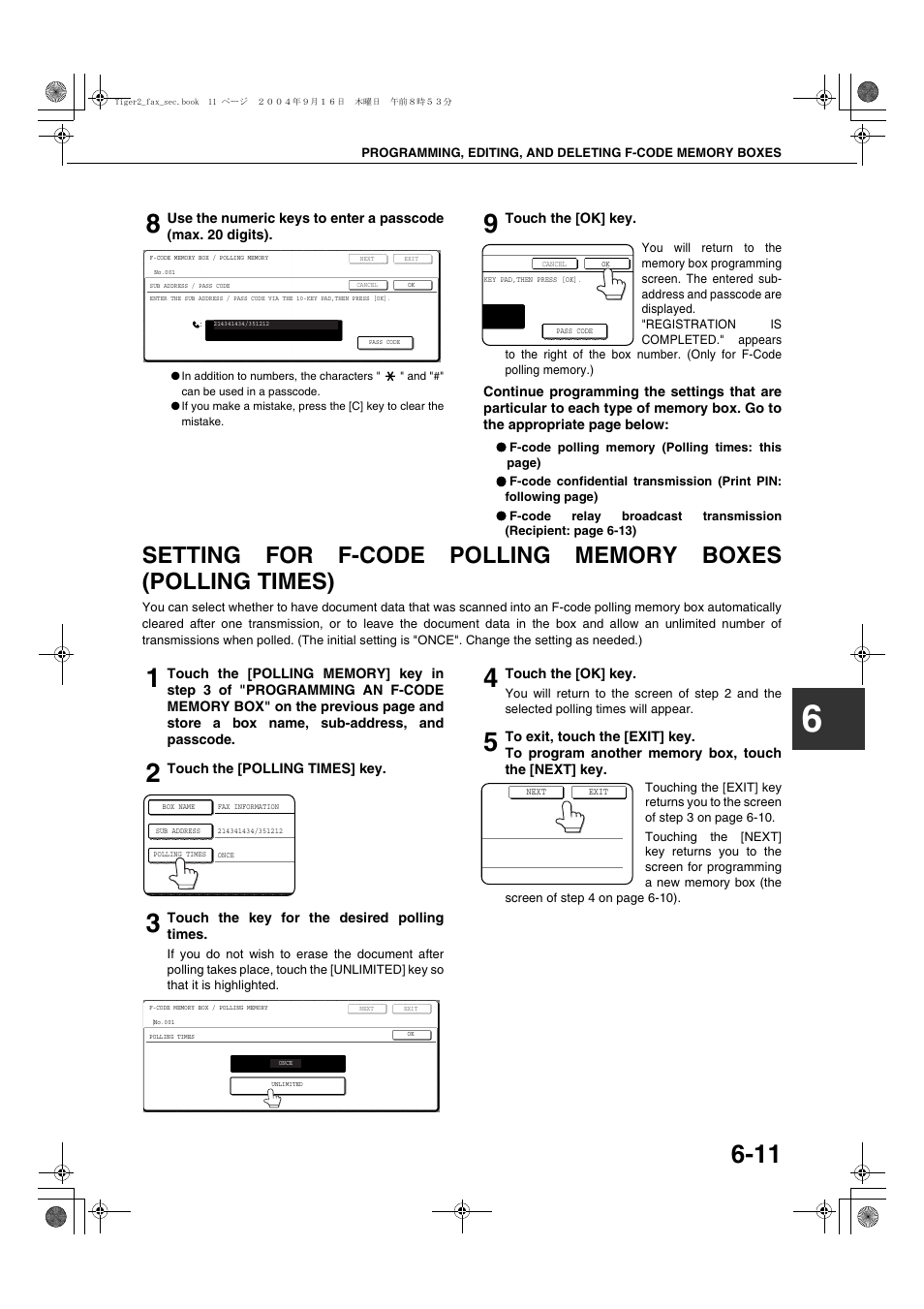 Setting for f-code polling memory, Boxes (polling times), Ge 6-11 | Setting for f-code polling memory boxes (polling, Times) | Sharp AR-M355N User Manual | Page 354 / 380