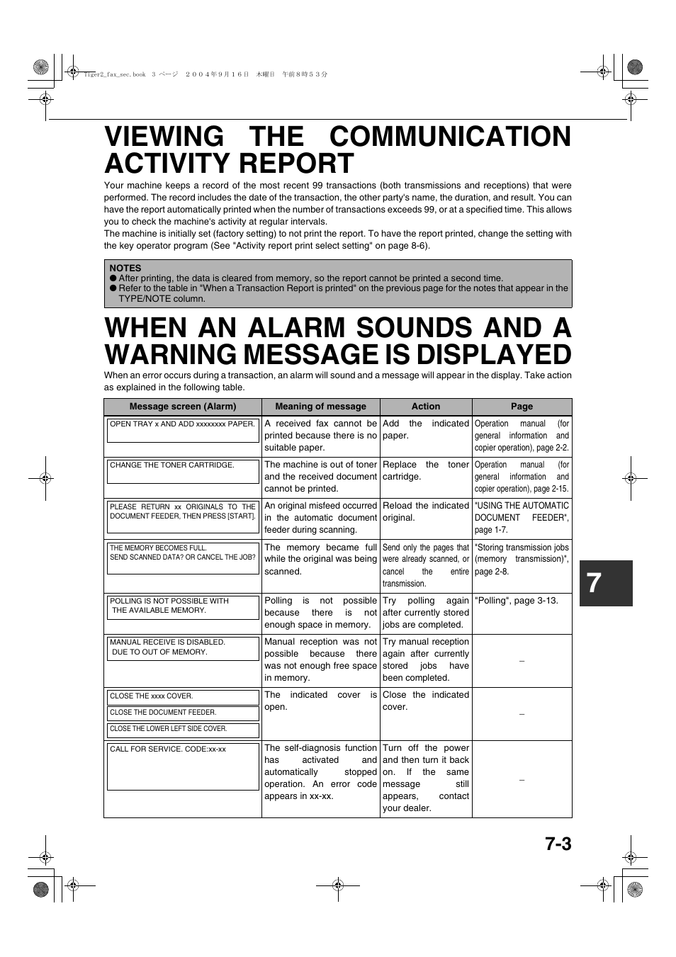 Viewing the communication activity report, Message screen (alarm), Meaning of message | Action, Ge 7-3, Ge 7-3), Viewing the communication activity, Report" on, When an alarm sounds and a warning message is, Displayed | Sharp AR-M355N User Manual | Page 360 / 380