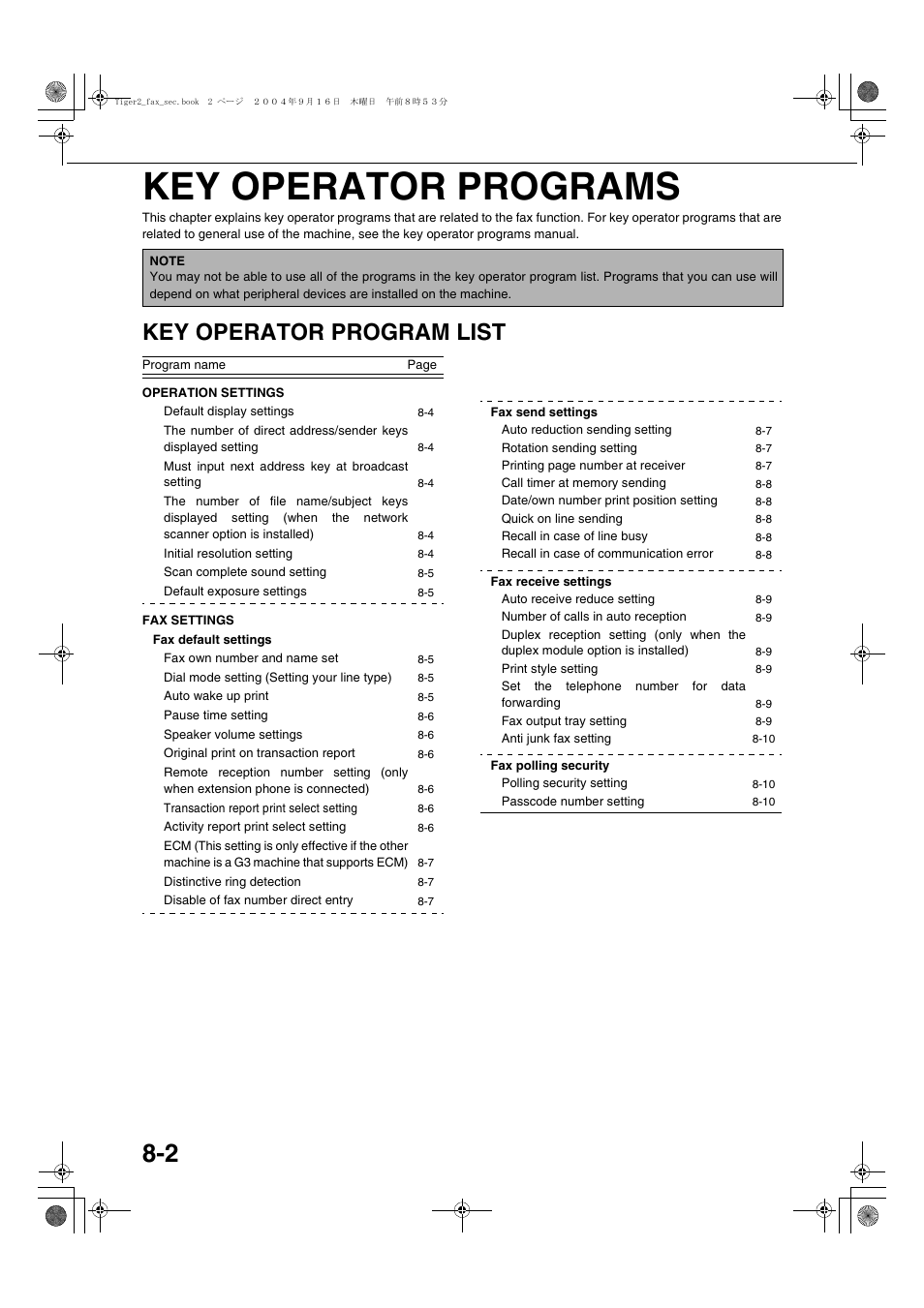 Key operator programs, Key operator program list, Operation settings | Fax settings, Fax default settings, Fax send settings, Fax receive settings, Fax polling security | Sharp AR-M355N User Manual | Page 365 / 380