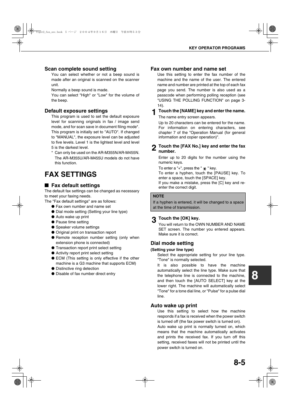 Scan complete sound setting, Default exposure settings, Fax settings | Fax default settings, Fax own number and name set, Dial mode setting (setting your line type), Auto wake up print, E 8-5 | Sharp AR-M355N User Manual | Page 368 / 380