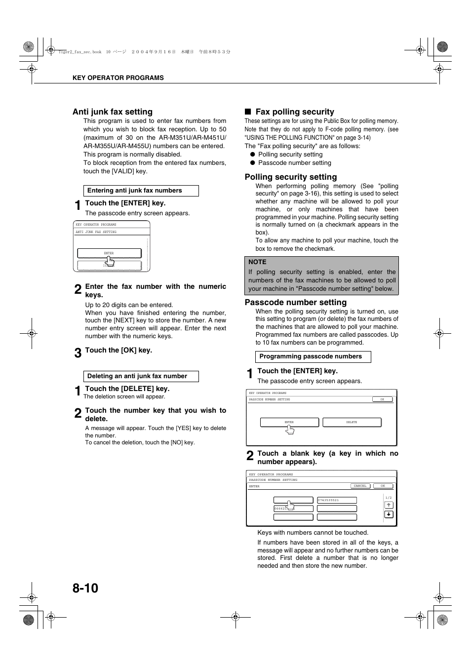 Anti junk fax setting, Entering anti junk fax numbers, Deleting an anti junk fax number | Fax polling security, Polling security setting, Passcode number setting, Programming passcode numbers, Ge 8-10 | Sharp AR-M355N User Manual | Page 373 / 380