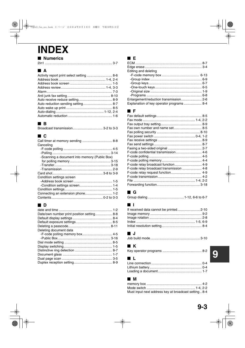 Index, 9index | Sharp AR-M355N User Manual | Page 378 / 380