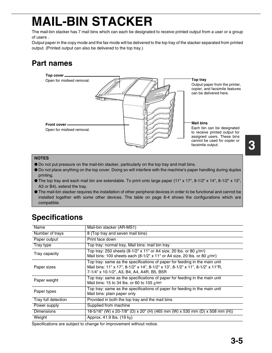 3mail-bin stacker, Part names specifications | Sharp AR-M355N User Manual | Page 58 / 380