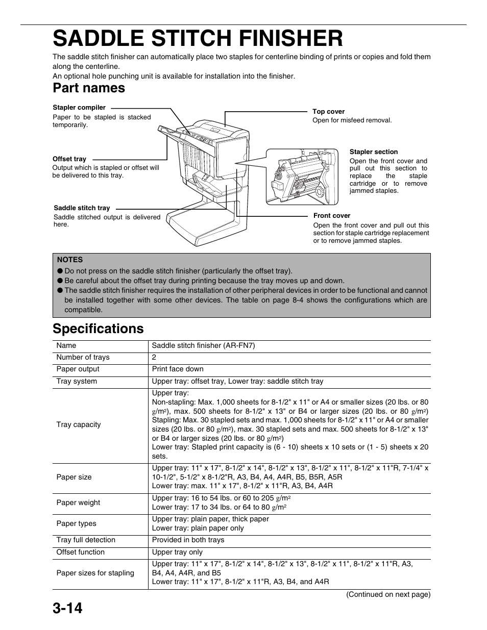 Saddle stitch finisher, Part names specifications | Sharp AR-M355N User Manual | Page 67 / 380